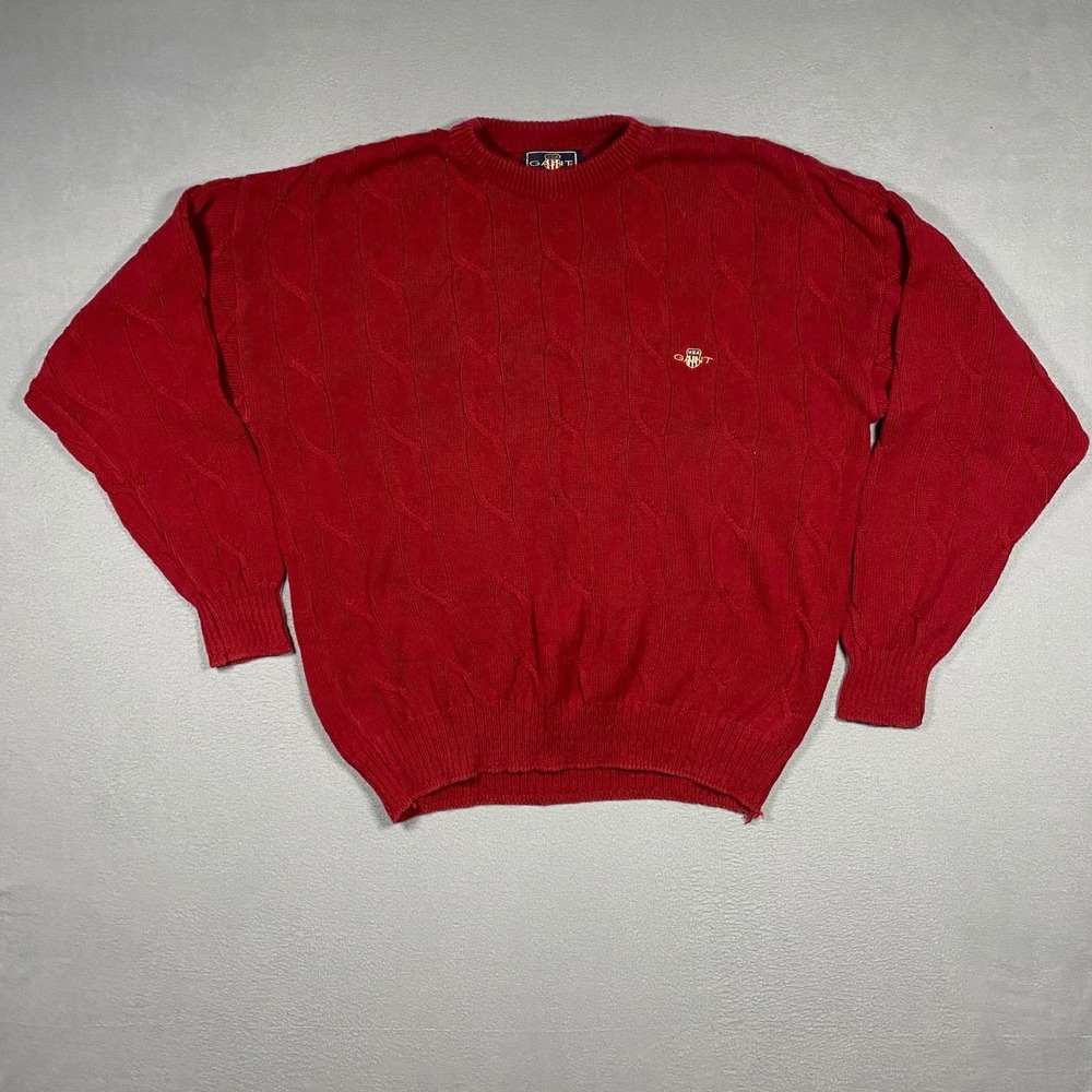 Vintage Gant Cable Knit Sweater Mens Large Red USA Made Cotton Crewneck Logo